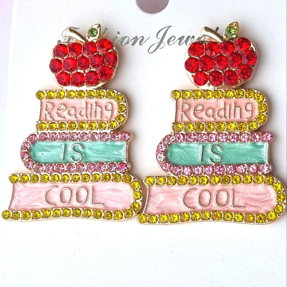 Statement Earrings | Diamantè Encrusted | Reading is Cool | Novelty Gift 🍎📚 - Picture 2 of 9